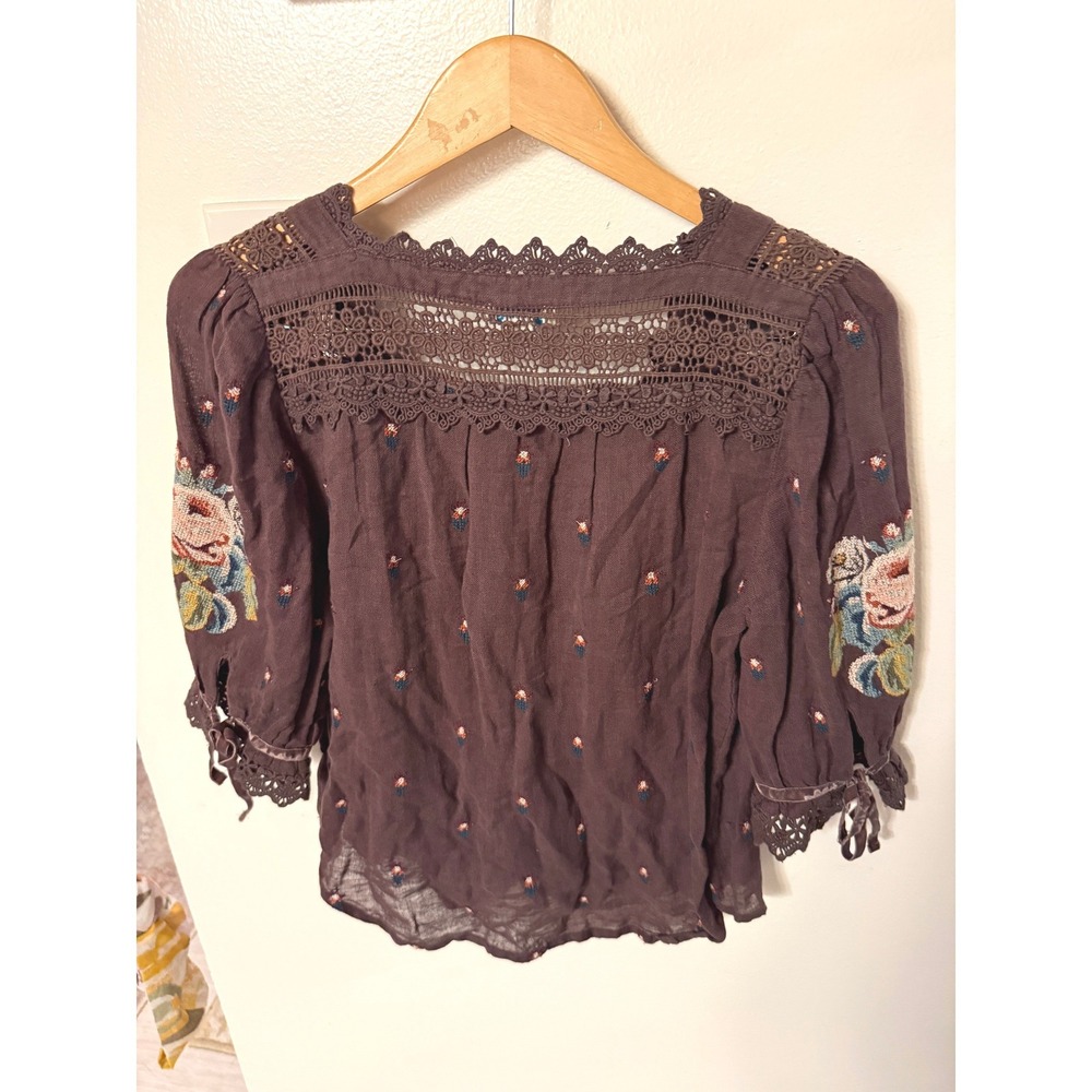 sundance peasant chocolate brown embroidered boho top SM velvet ribbon western